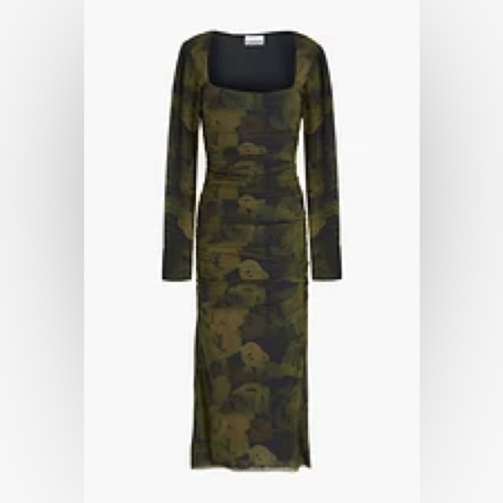 Long Sleeve Square Neck Olive Camo Maxi Dress